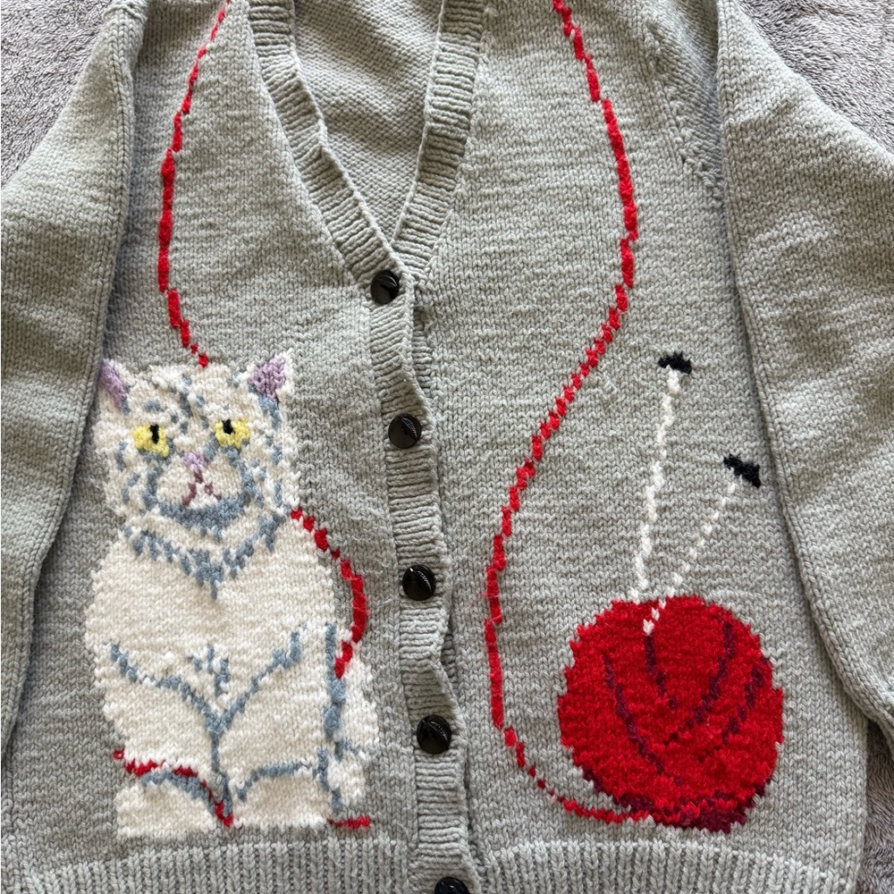 Gray Cardigan with Cat and Yarn Design